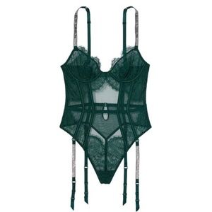 New Victorias Secret Very Sexy Shine Strap Lace Teddy Garters Green 31627